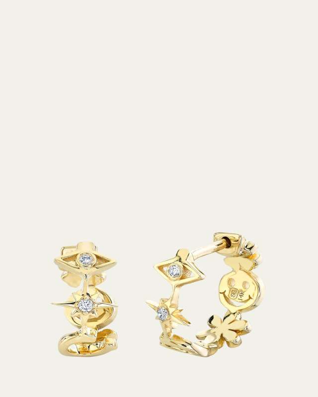 14k Gold Icon Huggie Earrings with Diamonds